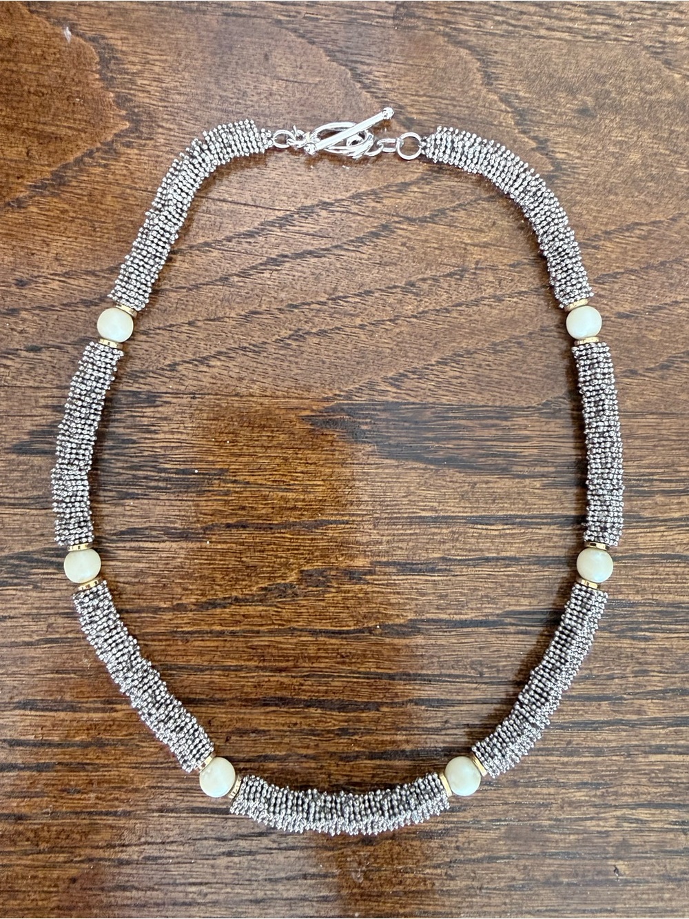 Silver Beaded Necklace with Cream Accents